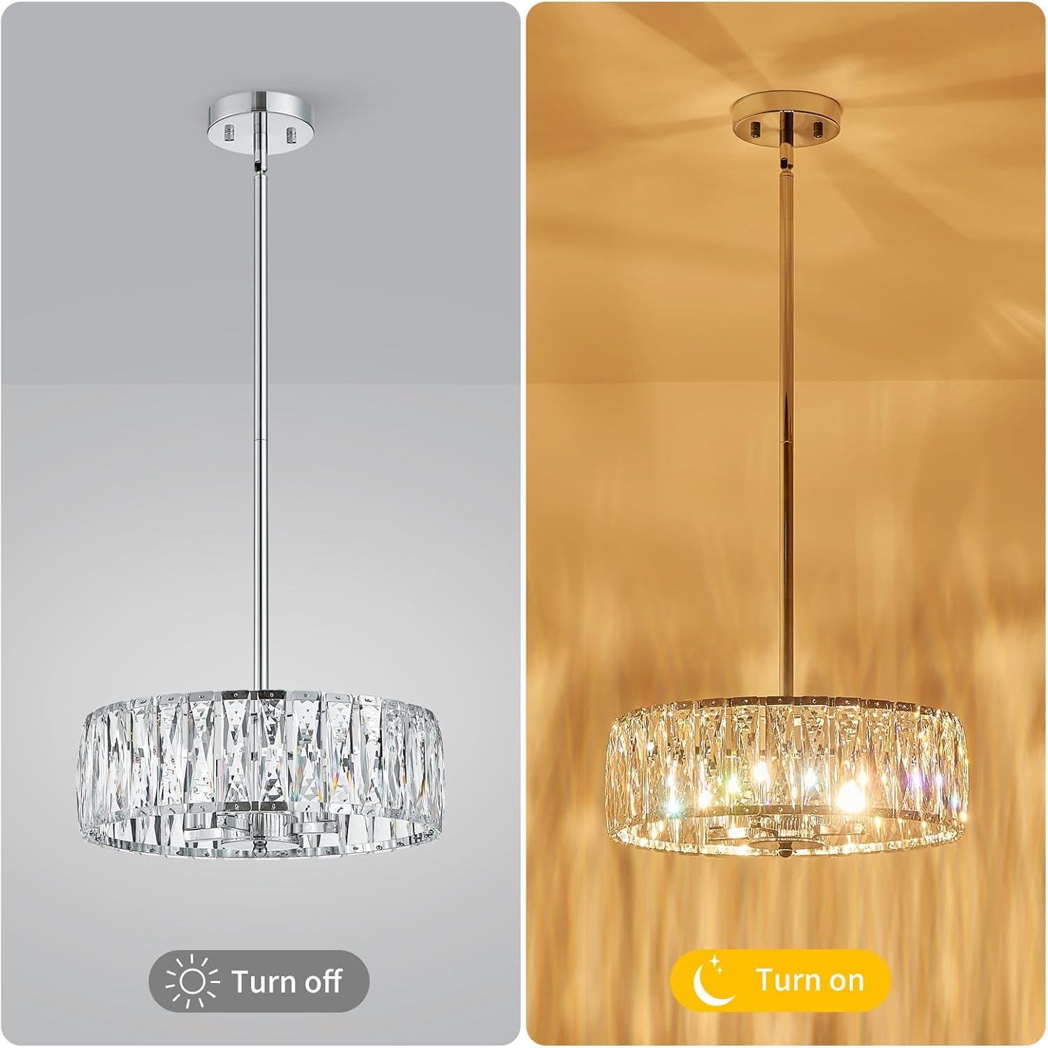 K9 Crystal Chandeliers, 4-Light Modern Pendant Light Fixture for Living Room, Dinning Room, D15 × H9~47inch(Adjustable Height), Chrome Finish Frame & K9 Crystal