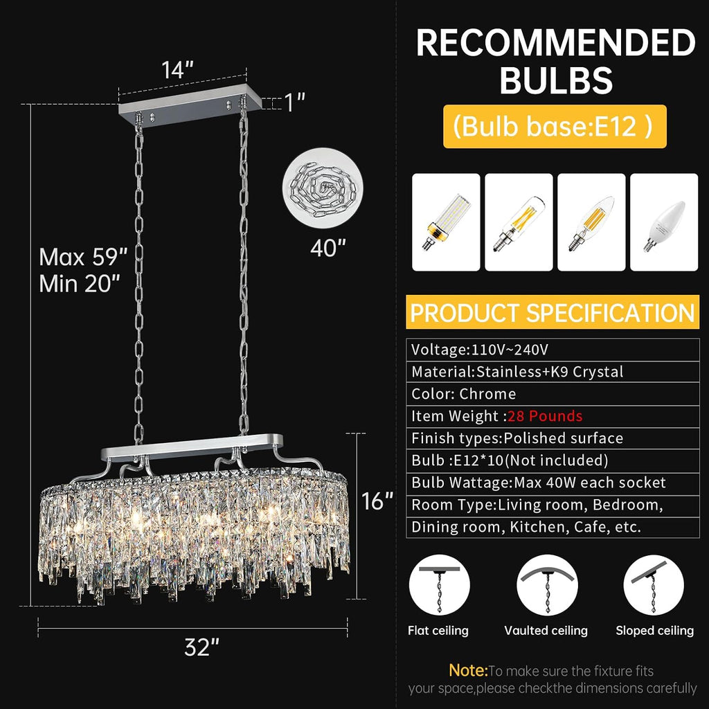 10 Light Crystal Chandelier | Chrome Oval-Shaped Crystal Chandeliers for Dining Room Light Fixture, 32' Modern Ceiling Lighting Fixture for Dining Room Kitchen Island Bar