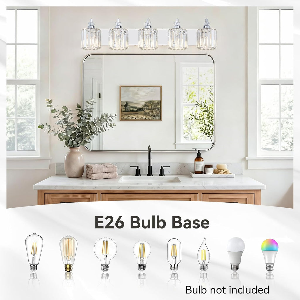 5-Light Modern Bathroom Light Fixture Chrome Bathroom Vanity Lights Over Mirror Wall Sconce Lighting with K9 Crystal Shades E26 Base for Bedroom, Living Room, Hallway Wall Lamp