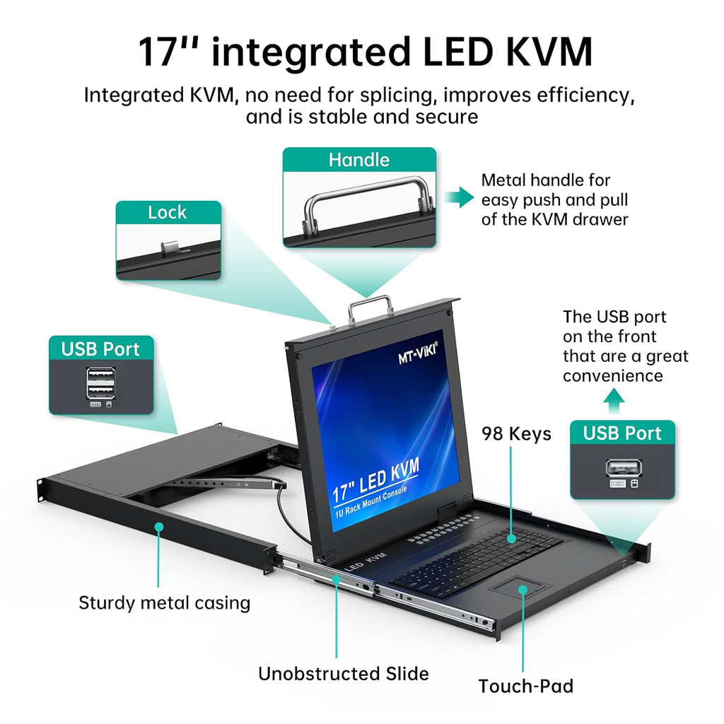 MT-VIKI Rack KVM Switch w/17'' LCD Monitor, 16 Port VGA KVM Switch with Keyboard Touchpad Monitor, Fit for 1U 19'' Rack, OSD/Hotkey/Button 【with 16 VGA KVM Cable】