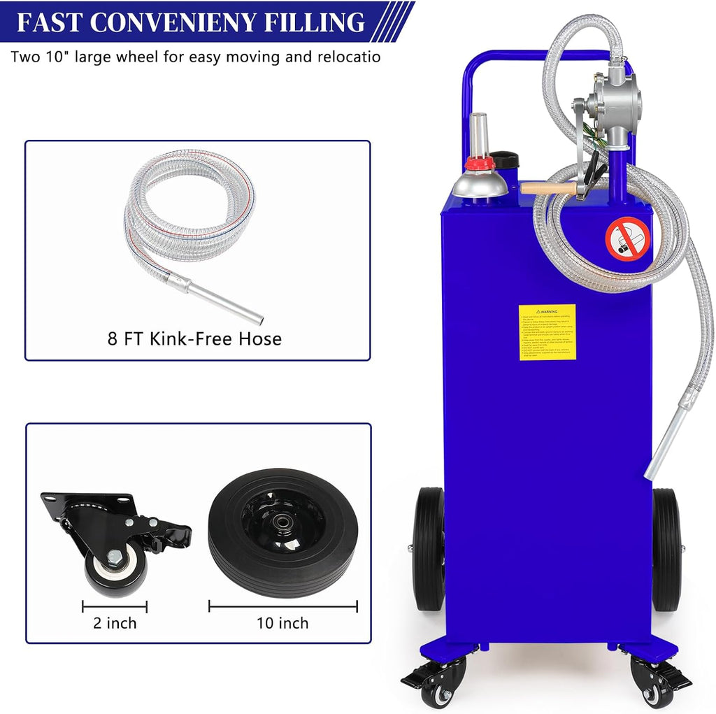 30 Gallon Portable Gas Caddy, Fuel Transfer Tank Gasoline Diesel Storage Can with Rotary Hand Pump and 4 Wheels for Automobiles ATV Car Mowers Tractors (Blue)