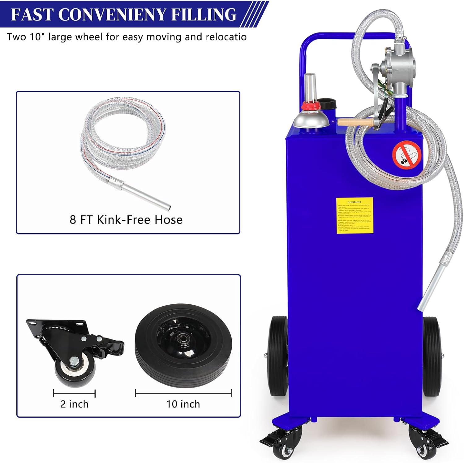30 Gallon Portable Gas Caddy, Fuel Transfer Tank Gasoline Diesel Storage Can with Rotary Hand Pump and 4 Wheels for Automobiles ATV Car Mowers Tractors (Blue)
