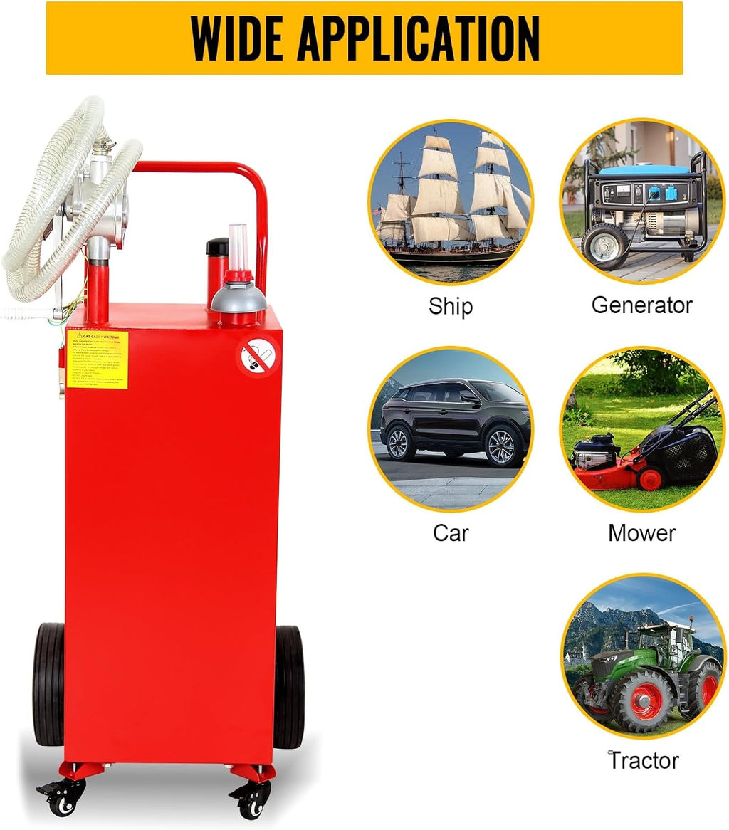30 Gallon Fuel Caddy, Portable Gas Tank with Manual Transfer Pump, Gas Caddy on 4 Wheels, Gasoline Diesel Fuel Storage Tank for Cars, Boats, Lawn Mowers, ATVs, Red