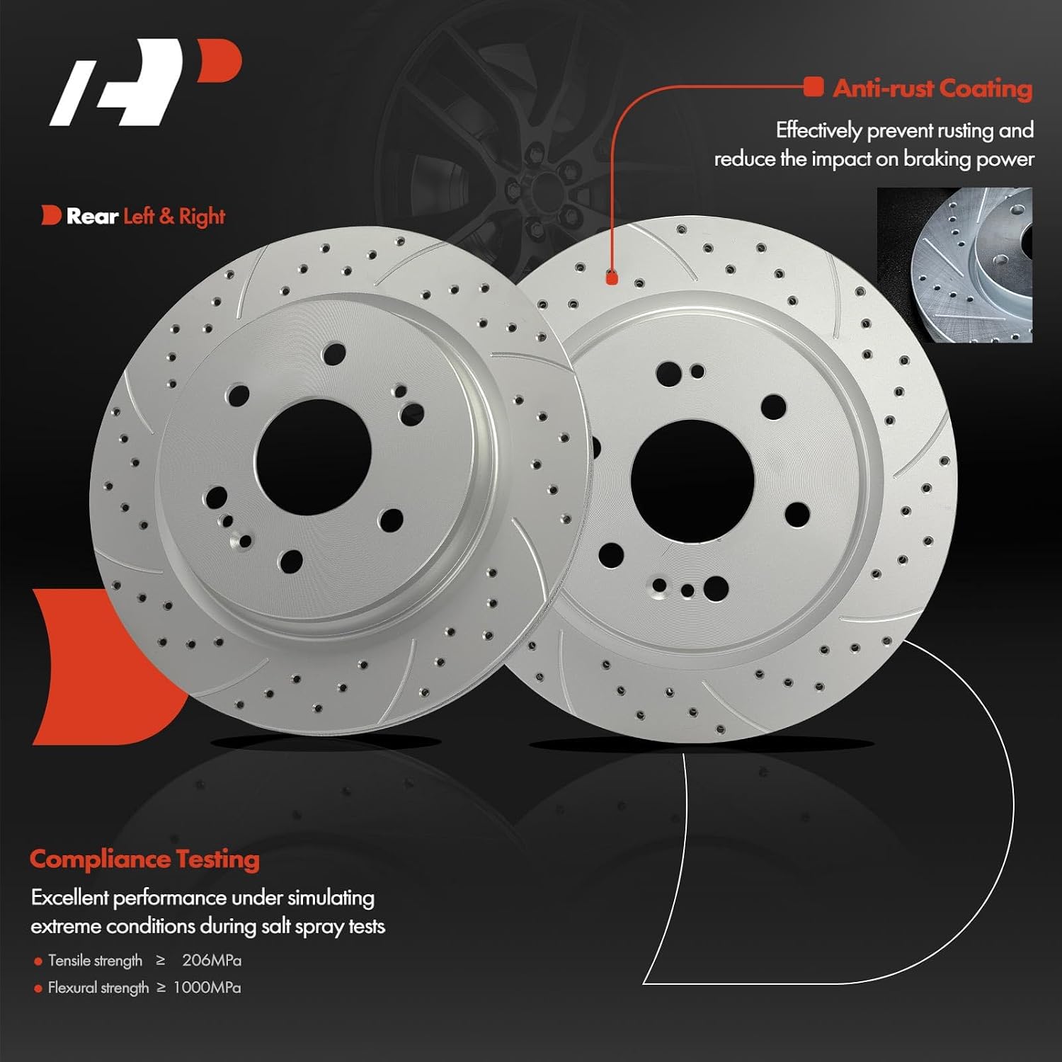 A-Premium 13.58 inch (345mm) Rear Drilled and Slotted Disc Brake Rotors + Ceramic Pads Kit Compatible with Select Chevy, GMC and Cadillac Models - Silverado 1500, Tahoe, Sierra 1500, Yukon, 6-PC Set