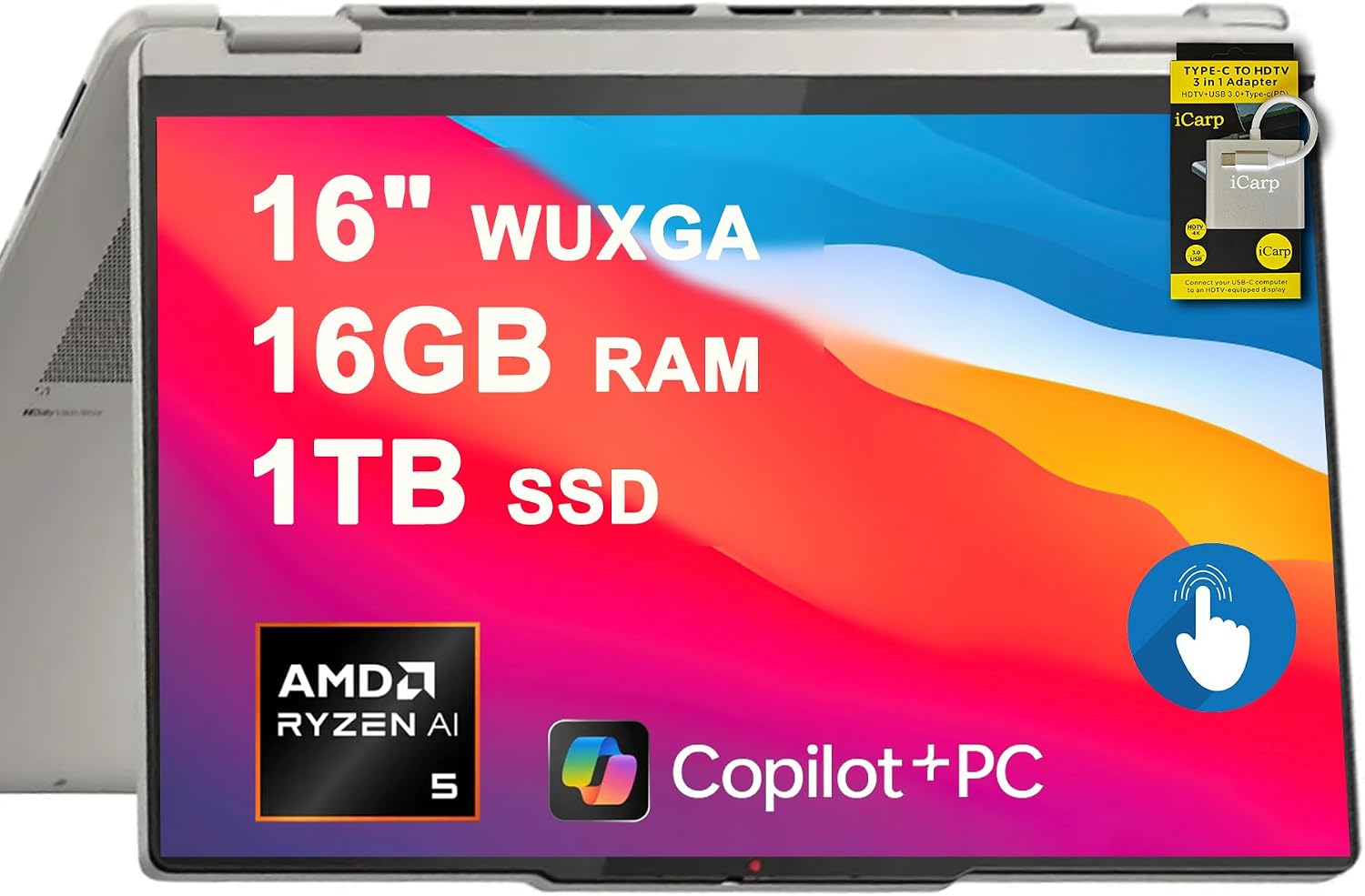 Lenovo Yoga 7 2-in-1 Laptop 16' WUXGA IPS Touch (Glossy Anti-Fingerprint) AMD 6-core Ryzen AI 5 340 (Up to 50 Tops) 16GB RAM 1TB SSD Pen for Creator Business Professional Win11 ICP Hub