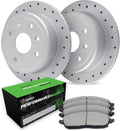 R1 Concepts Front Brake Kit Fits 2011-2013 Ford Fiesta; 2014-2019 Ford Fiesta Rear Drum Brakes S, SE, Titanium| Performance Sport Brake Pads and Drilled Brake Rotors| 10.2' Front
