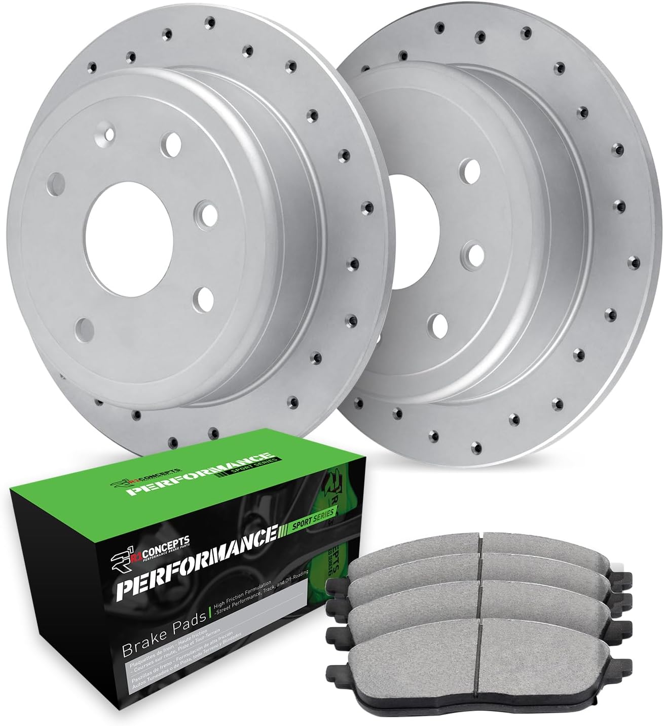 R1 Concepts Front Brake Kit Fits 2011-2013 Ford Fiesta; 2014-2019 Ford Fiesta Rear Drum Brakes S, SE, Titanium| Performance Sport Brake Pads and Drilled Brake Rotors| 10.2' Front
