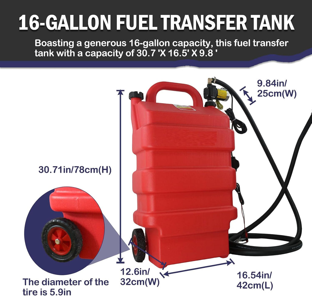 16 Gallon Fuel Caddy Diesel Transfer Tank with 12V DC Automatic Gasoline Fuel Transfer Pump with Forward and Reverse Pumping for Gasoline, Diesel, Kerosene & More