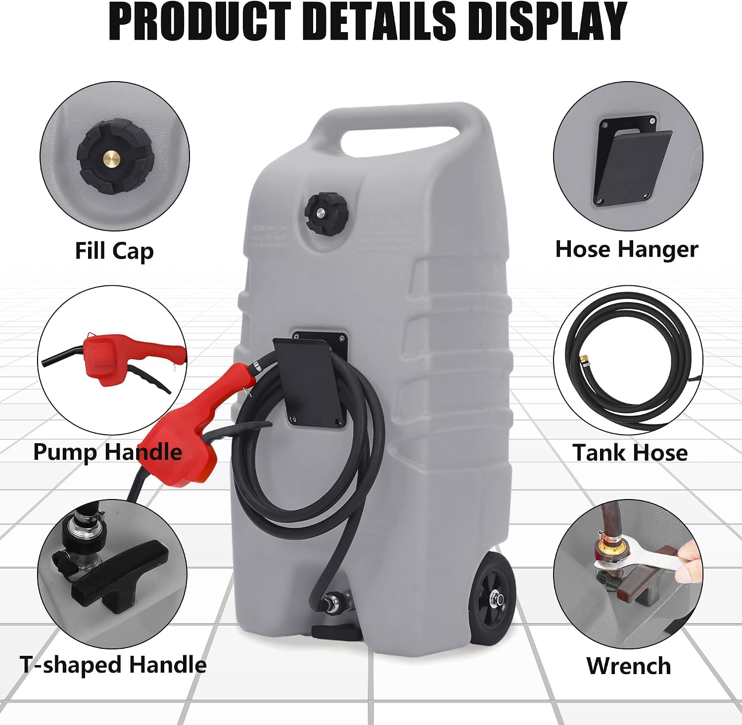14 Gallon Portable Fuel Tank, Gray Fuel Storage Container with Manual Siphon Pump & 10FT Hose, Gasoline Diesel Caddy with Wheels, Fuel Transfer Tank for Car, ATV, Boat, Lawn Mower, Generator