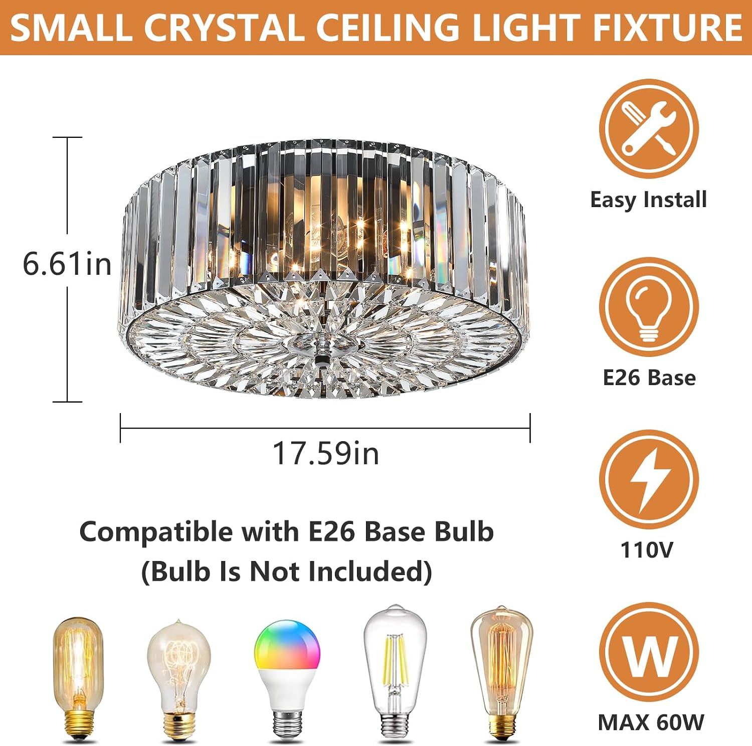 Large Crystal Ceiling Light, 17.5' Black K9 Crystal Flush Mount Ceiling Light, 4-Light Round Luxury Light Fixture for Dining Room, Bedroom, Hotel, Living Room, XDD007-4-BK