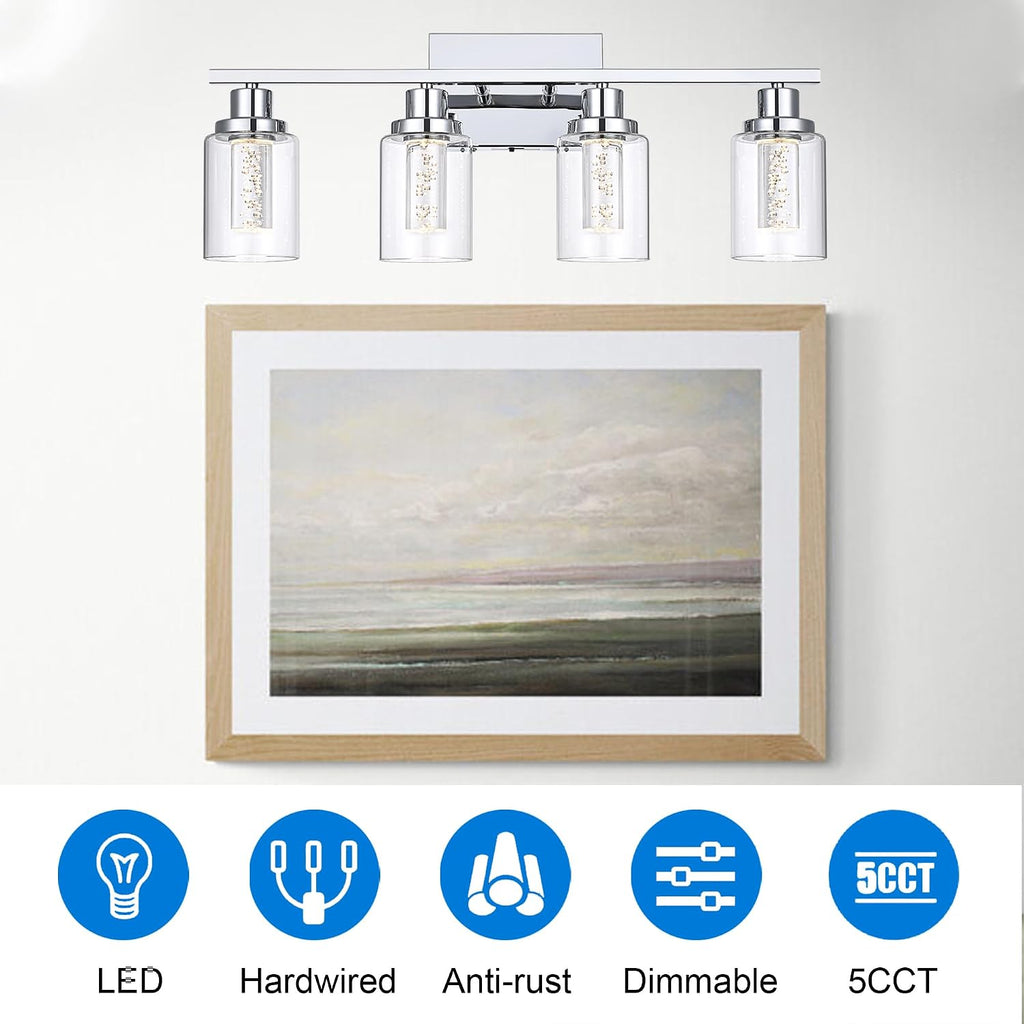 MELUCEE 5 Color Dimmable LED Bathroom Light Fixtures 4 Light Chrome Vanity Lights Bathroom Lights Over Mirror Wall Light Fixtures with Crystal Bubble Clear Glass Shade, Built-in LED Chips