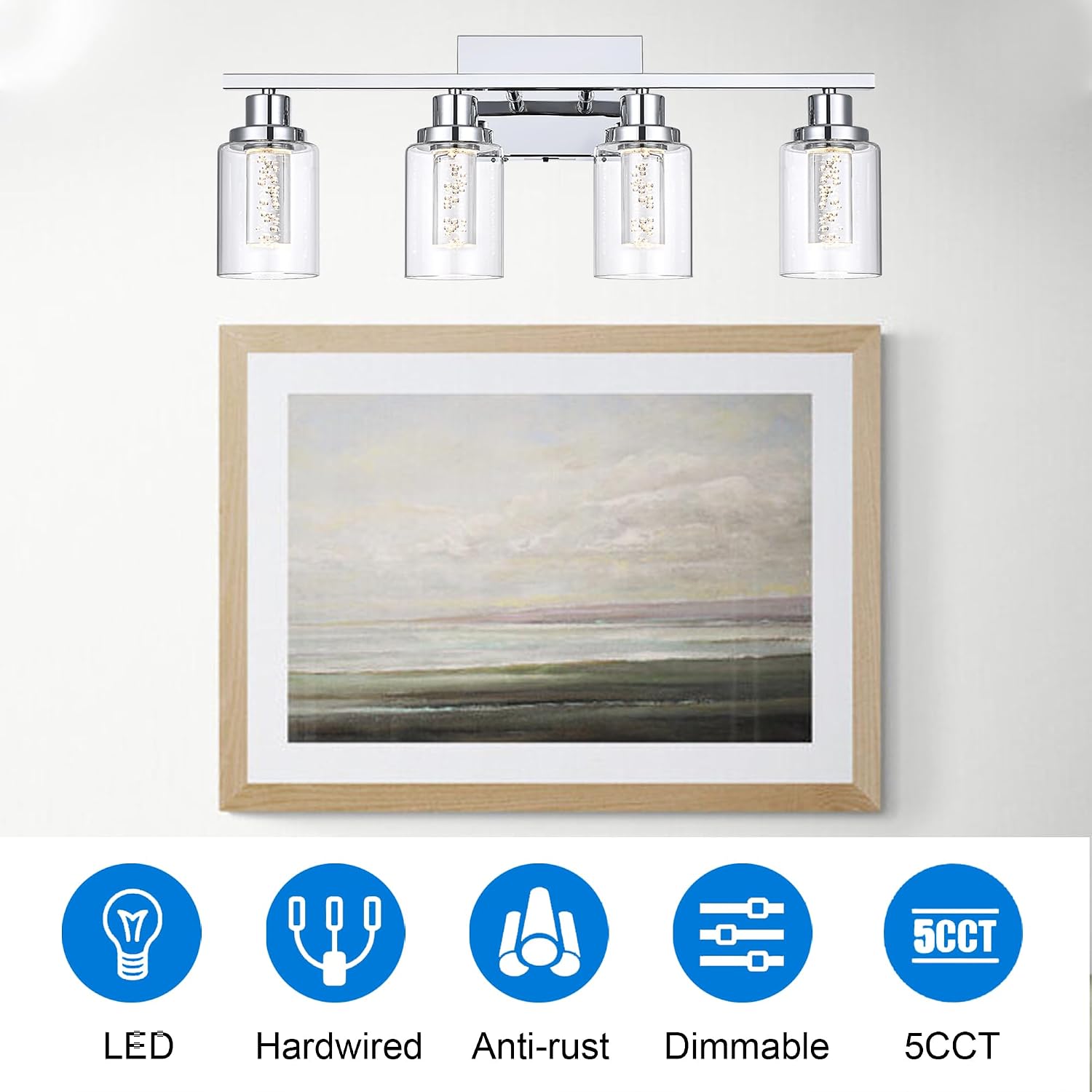 MELUCEE 5 Color Dimmable LED Bathroom Light Fixtures 4 Light Chrome Vanity Lights Bathroom Lights Over Mirror Wall Light Fixtures with Crystal Bubble Clear Glass Shade, Built-in LED Chips