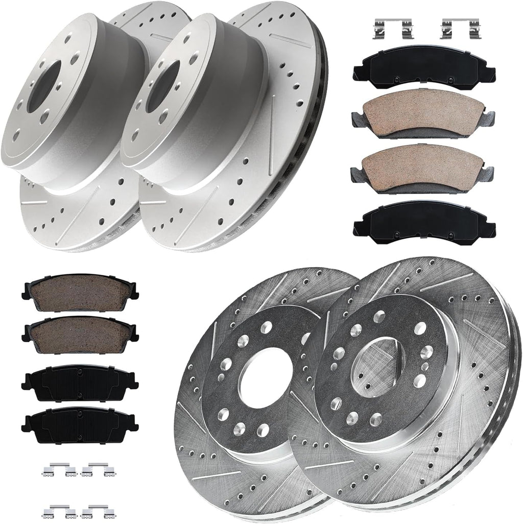 Front and Rear Brake Kit Replacement for 2008 2009 2010 2011 2012 2013 Chevy Avalanche Silverado 1500, for GMC Sierra Yukon XL 1500, Cadillac Escalade ESV Drilled Slotted Brakes Rotors Pads
