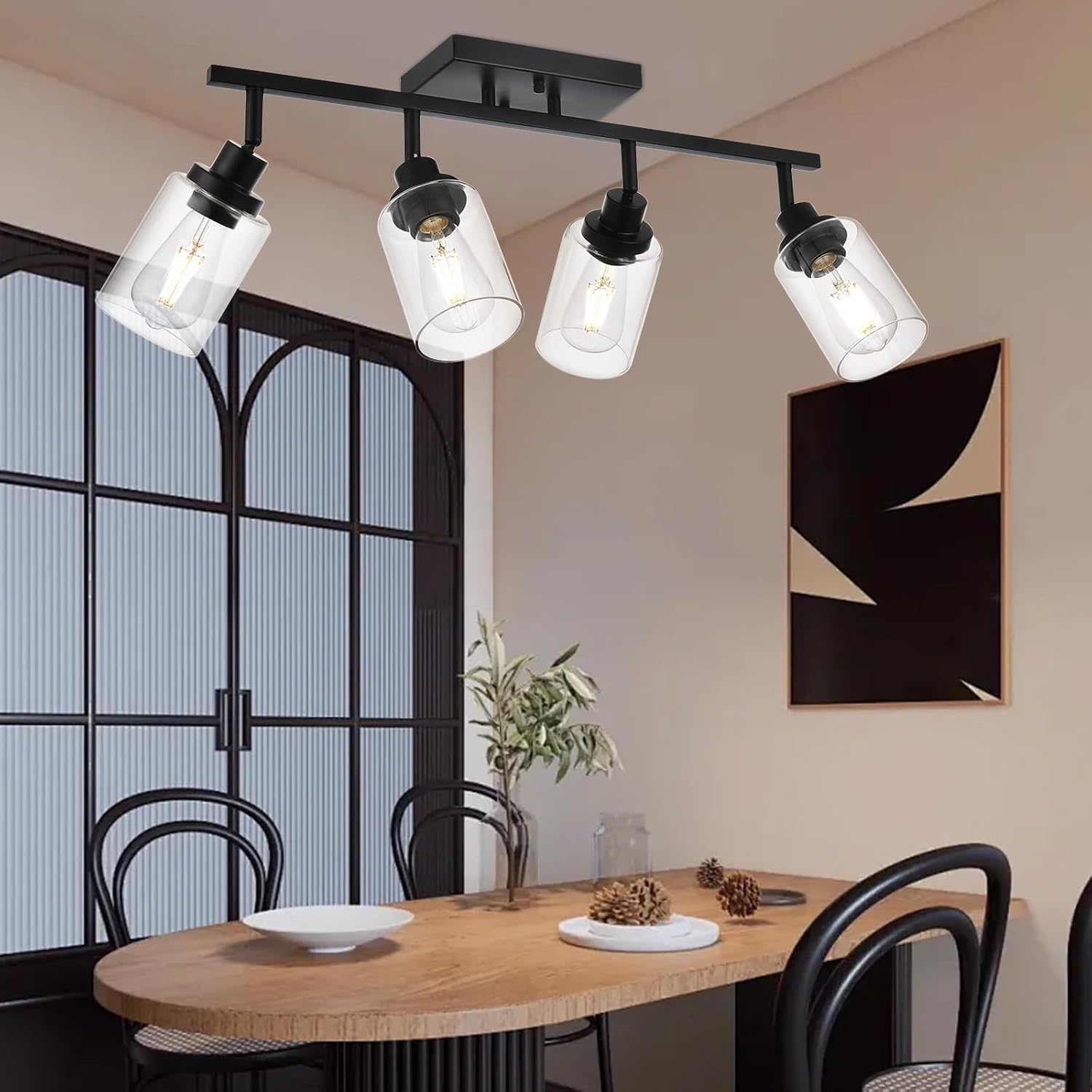 4-Light Track Lighting Kit Black Track Lighting Fixtures Bathroom Wall Sconces Ceiling Mount Kitchen Tracking Lights, Rotatable Spotlight with Clear Glass Shade for Kitchen Shop Hallway