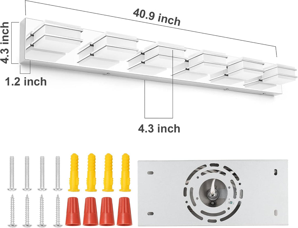 3 Color Temperature Dimmable Vanity Lights for Bathroom, LED Chrome 6 Light Vanity Lighting Fixtures, Acrylic Stainless Steel Square Shade Bathroom Light Fixtures over Mirror, ETL Certificated