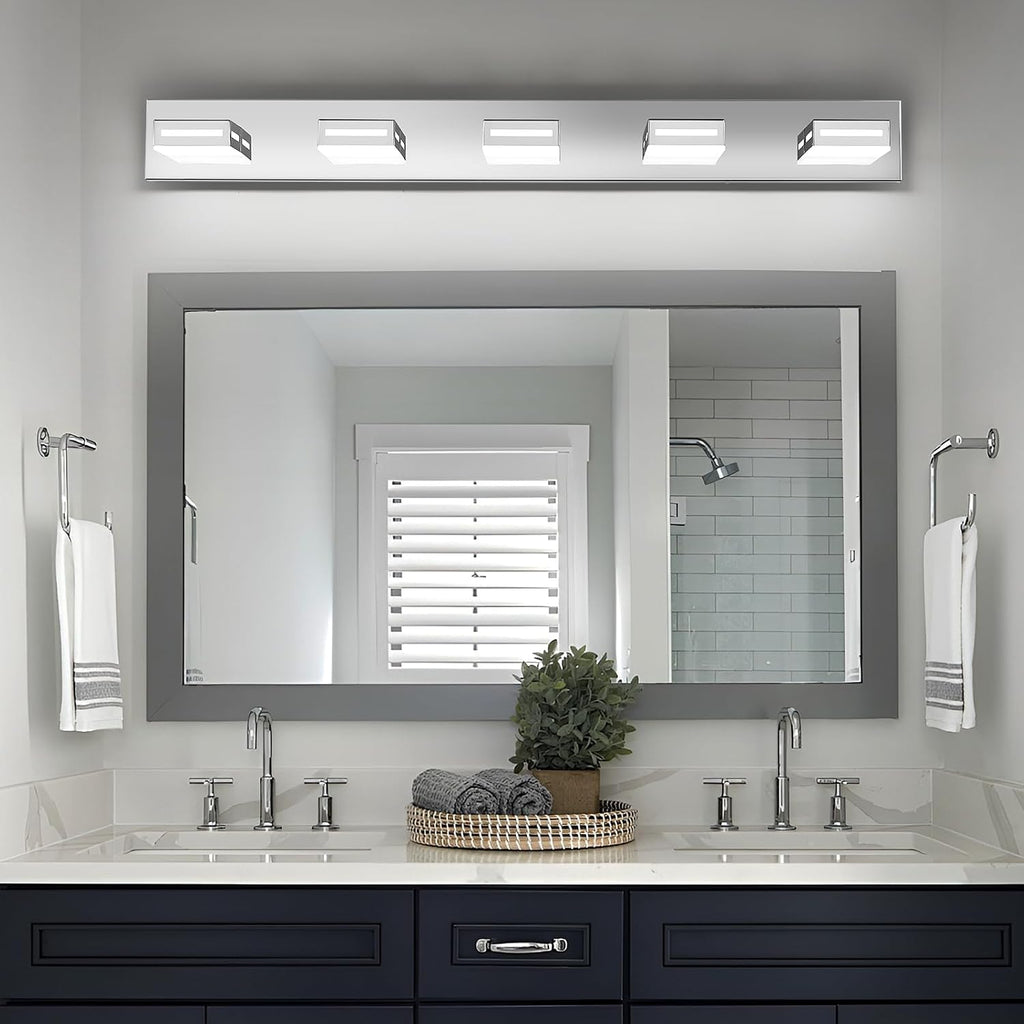 LED Modern Bathroom Light Fixtures, 5-Light 40-Inch Chrome Vanity Lights for Bathroom Lighting Fixtures Over Mirror, 6000K Cool White 350° Rotatable Wall Lamp