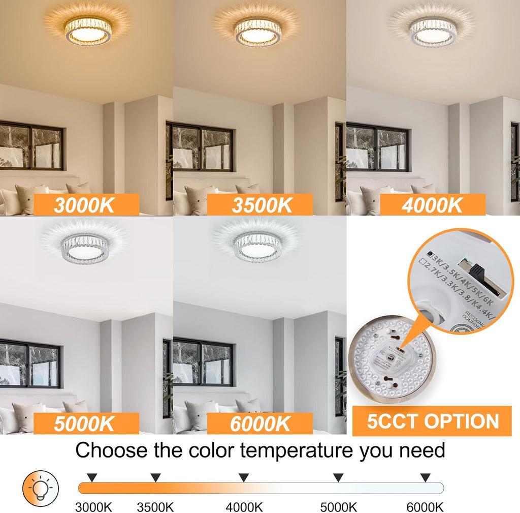 Modern K9 Crystal Dimmable LED Flush Mount Ceiling Light,15 Inch 36W/5CCT 3000K-6000K Luxury Chrome Round Close to Ceiling Lighting Fixtures for Living Room,Kitchen,Bedroom,Dining Room