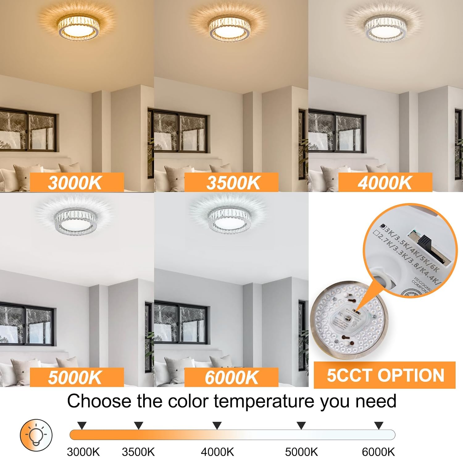 Modern K9 Crystal Dimmable LED Flush Mount Ceiling Light,15 Inch 36W/5CCT 3000K-6000K Luxury Chrome Round Close to Ceiling Lighting Fixtures for Living Room,Kitchen,Bedroom,Dining Room