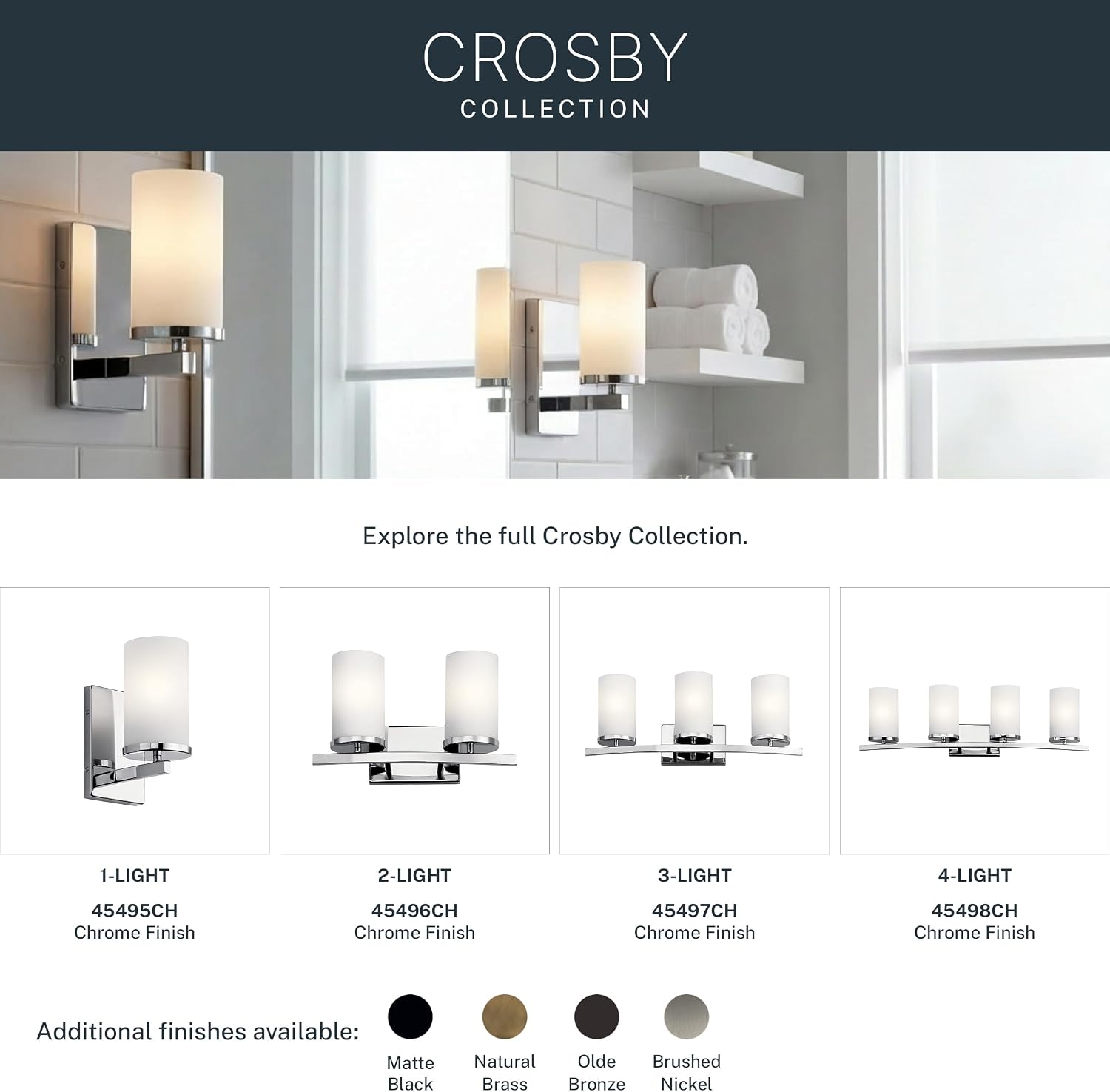 Kichler Crosby 23' Vanity Light in Chrome, 3-Light Contemporary Bathroom Light with Satin Etched Cased Opal Glass, (23' L x 8.75' H), 45497CH