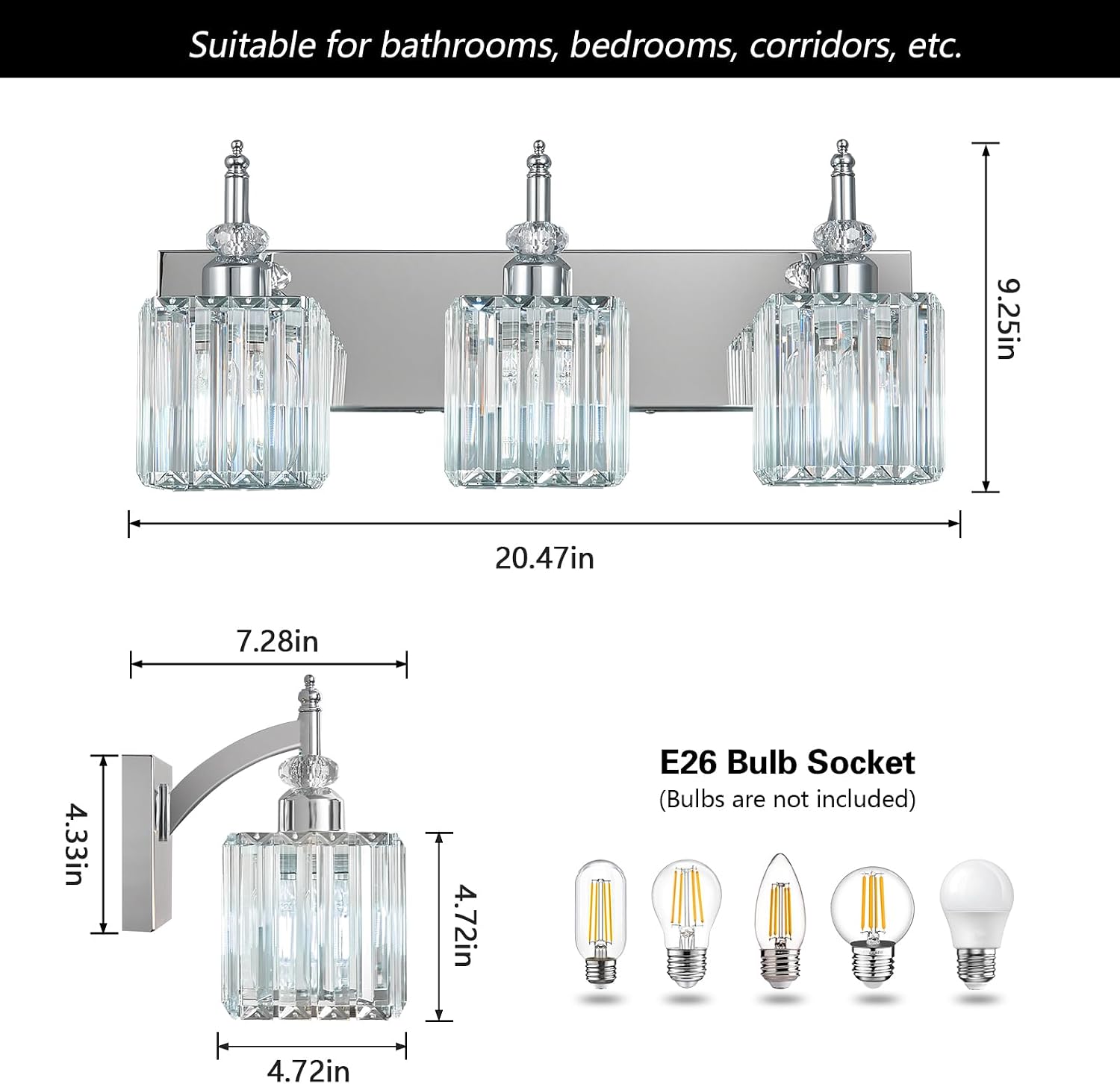 Modern Bathroom Vanity Light 3-Light Chrome Crystal Light Fixtures Over Mirror for Bathroom Wall Sconce