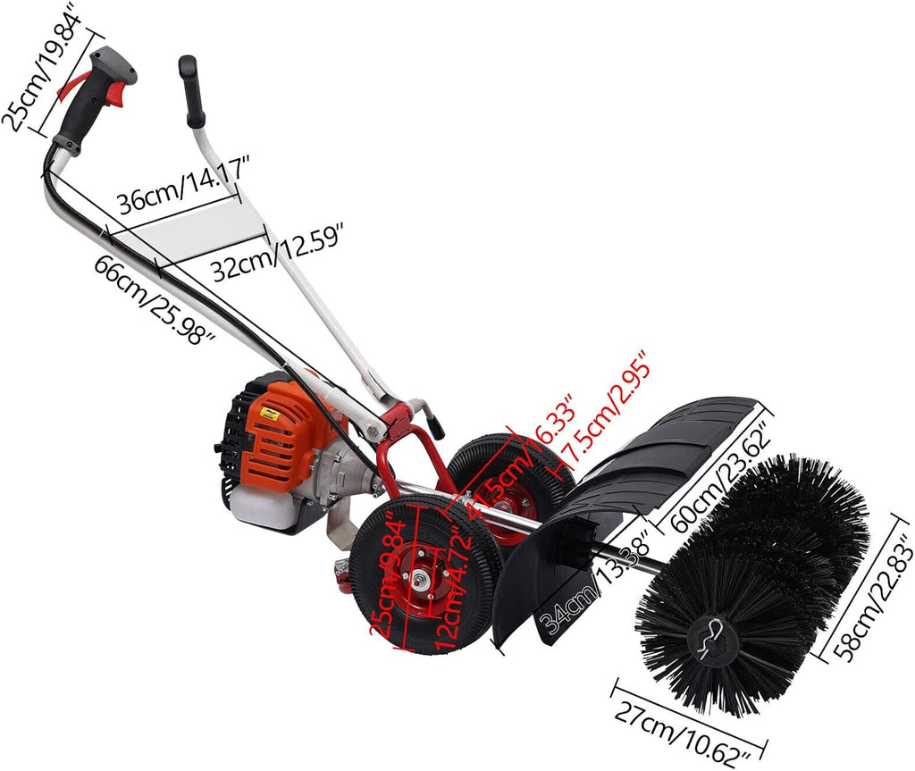 Artificial Grass Brush Sweeper 2-Stroke 52CC 2.5HP Gas Powered Walk Behind Sweeper Broom 23.6In Hand Push Snow Leaves Cleaning Sweeper for Artificial Turf, Lawn, Sidewalk, Driveway