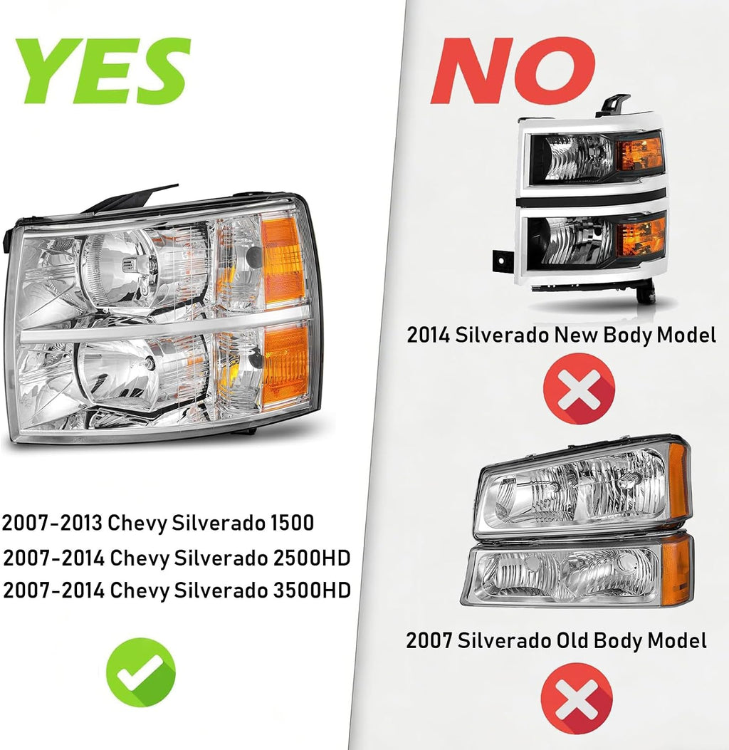 APSVE for 2007-2013 Chevy Silverado 1500 Headlights Assembly w/Bulb & Wiring Harness 07-14 Silverado 2500HD 3500HD Headlamp, Chrome/Amber