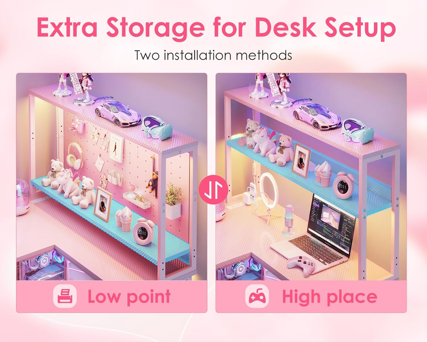 AODK L Shaped Desk Gaming Desk with LED Light & Power Outlet, 53 Inch Reversible L Shaped Computer Table with Shelf & Storage Bag & Hook for Home Office, Pink