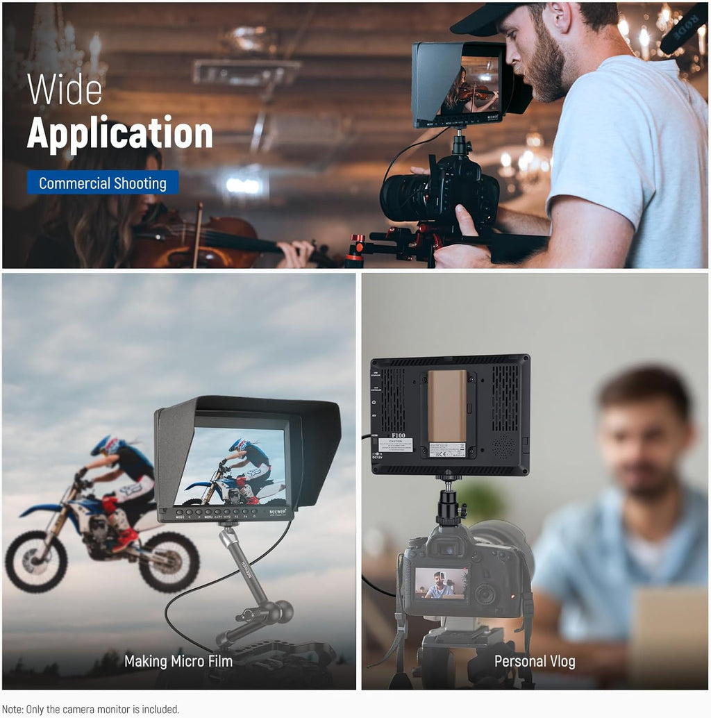 NEEWER F100 7 Inch Camera Field Monitor HD Video Assist IPS 1280x800 HDMI 1080p with 4400mAh F750 Battery, Sunshade Hood & 360° Ball Head for DSLR Cameras, Handheld Stabilizer, Film Video Making Rig