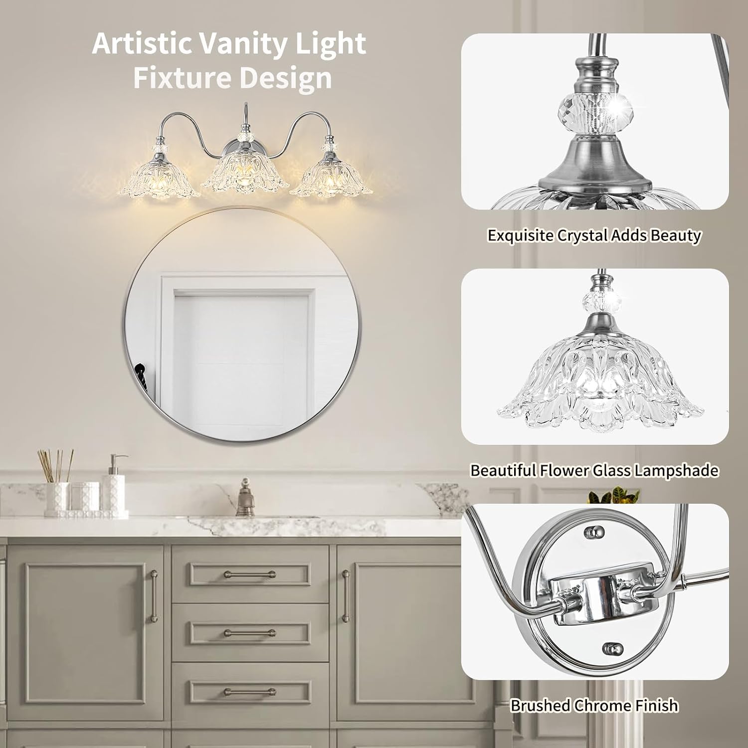 Brushed Chrome 3-Light Bathroom Vanity Light with Floral Clear Glass Shades, Modern Wall Mount Lighting for Bathroom, Dressing Table