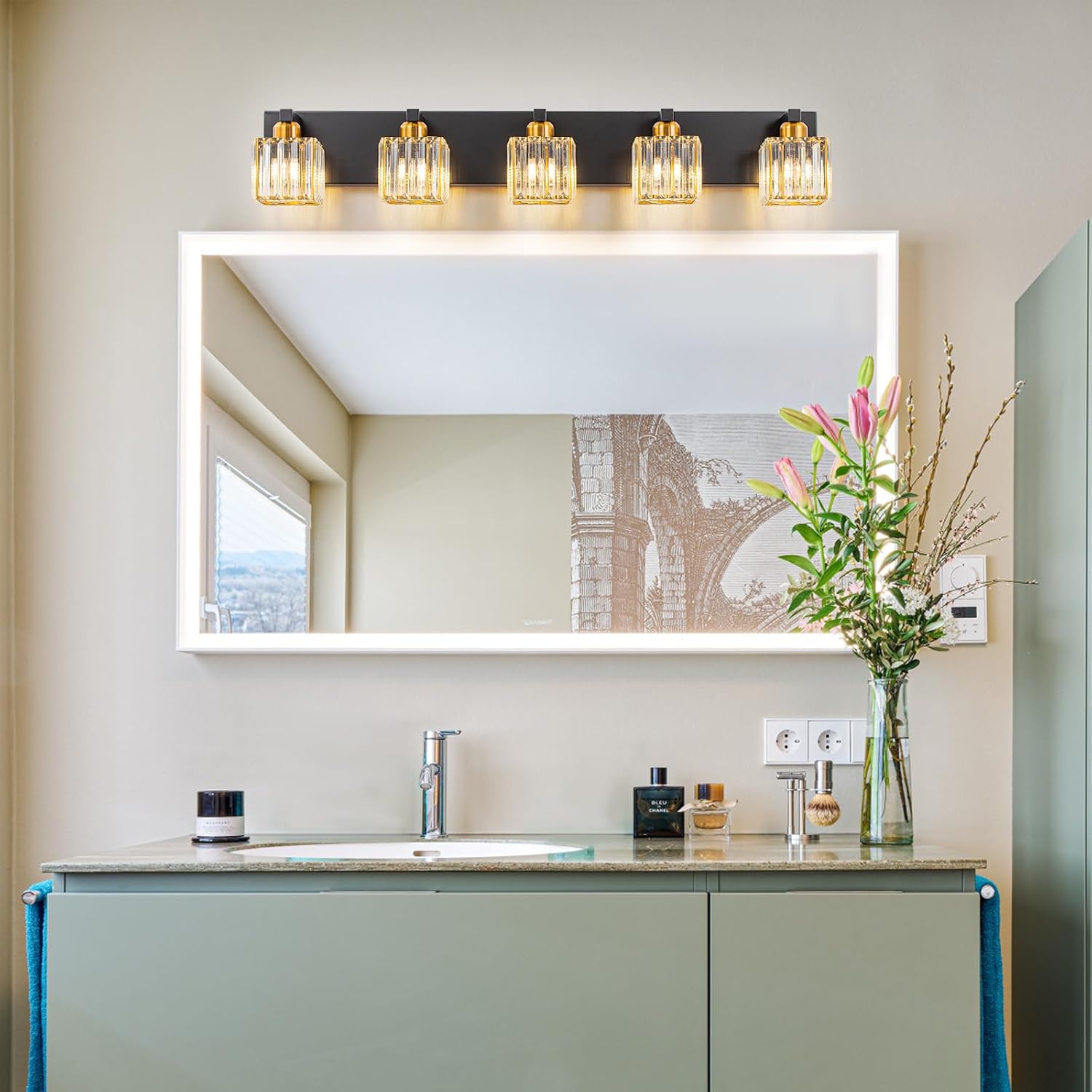 Crystal Black Gold Bathroom Vanity Light, 5-Lights Bathroom Lighting Fixtures Over Mirror Modern Glam Crystal Wall Lighting with Square Shade