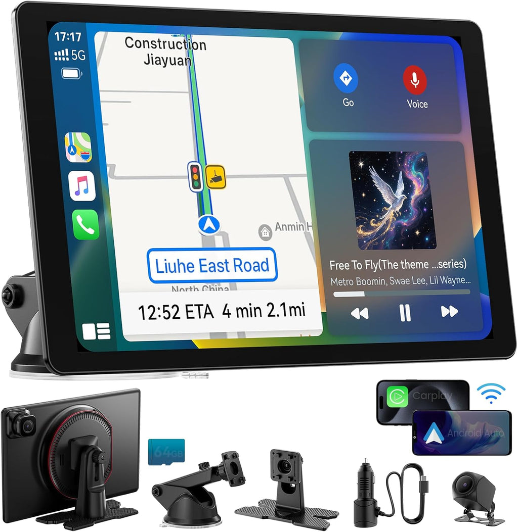 11' Extra Large Wireless Apple CarPlay Screen for Car – Ultra-Slim 0.16 Inch Touchscreen Car Stereo with Android Auto, 4K Dash Cam, 1080p Backup Camera, GPS, Mirror Link, Voice Control