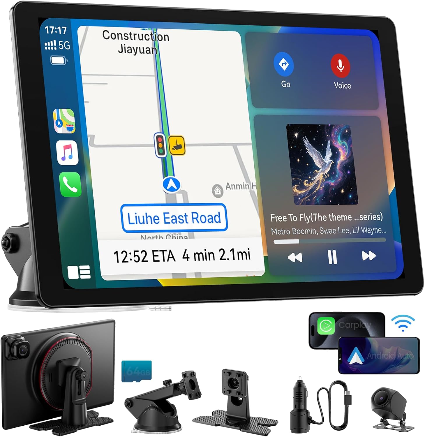11' Extra Large Wireless Apple CarPlay Screen for Car – Ultra-Slim 0.16 Inch Touchscreen Car Stereo with Android Auto, 4K Dash Cam, 1080p Backup Camera, GPS, Mirror Link, Voice Control