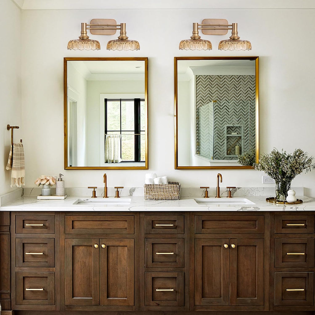 Vintage Bathroom Vanity Light Fixtures, 2-Light Brass Vanity Wall Light Over Mirror with Amber Glass Shade for Hallway Bedroom Living Room