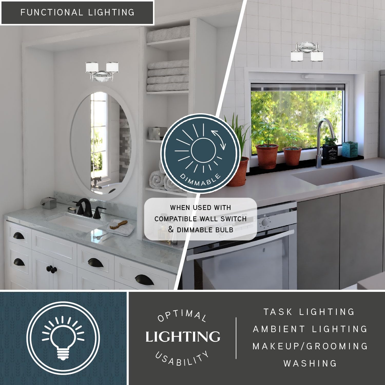 VAXCEL Carlisle 2-Light 13.75 inch Wide Chrome Transitional Bathroom Vanity Lighting Fixture, White Frosted Opal Glass Shade, Dimmable, LED Compatible, Reversible Over The Mirror Mounted Wall Sconce