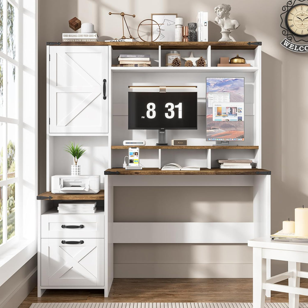 Vabches 51' Executive Desk Farmhouse Home Office Desk with Charging Station, LED Light, File Drawer, Storage Cabinet, Monitor Stand, Wood Computer Desk with Hutch for Work Study Writing (White)