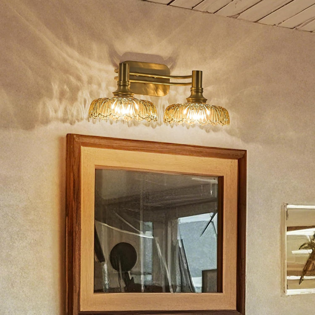 Vintage Bathroom Vanity Light Fixtures, 2-Light Brass Vanity Wall Light Over Mirror with Amber Glass Shade for Hallway Bedroom Living Room