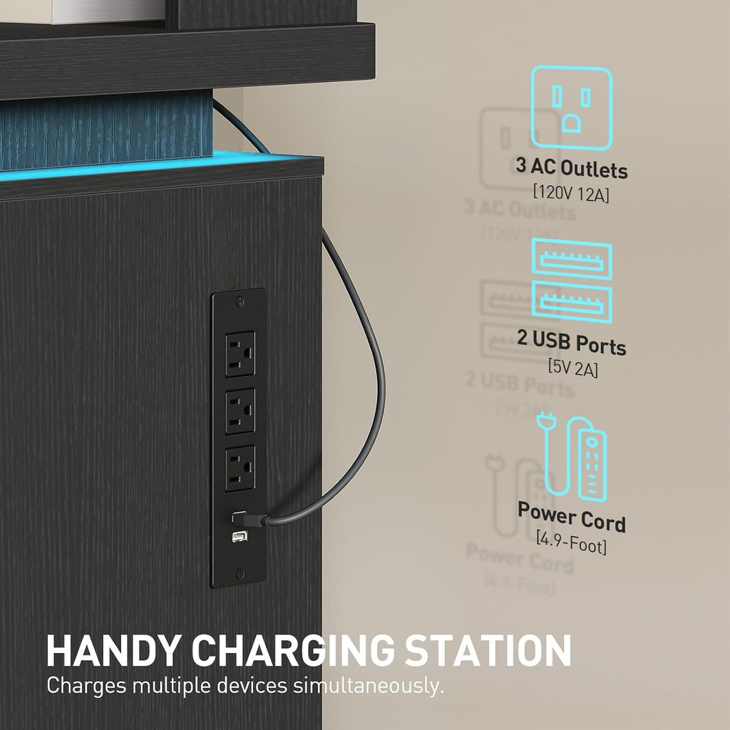 RALGEND 59' Executive Desk with Drawer, Fluted Computer Desk with File Drawer & Monitor Stand, Home Office Desk with Power Outlet, LED Light, Modern Fluted Computer Writing Desk with Storage, Black