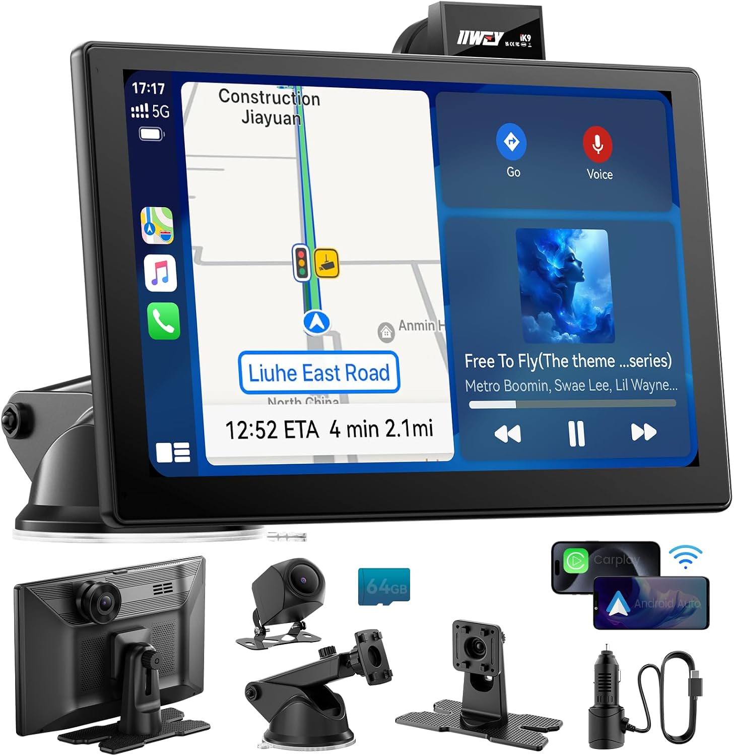 IK9 9' Wireless CarPlay & Android Auto Screen, Portable Car Stereo with 4K Dash Cam & 1080p Rear Camera, CarPlay with Backup Camera, Touch Screen GPS Display, Mirror Link, Apple Car Play Screen