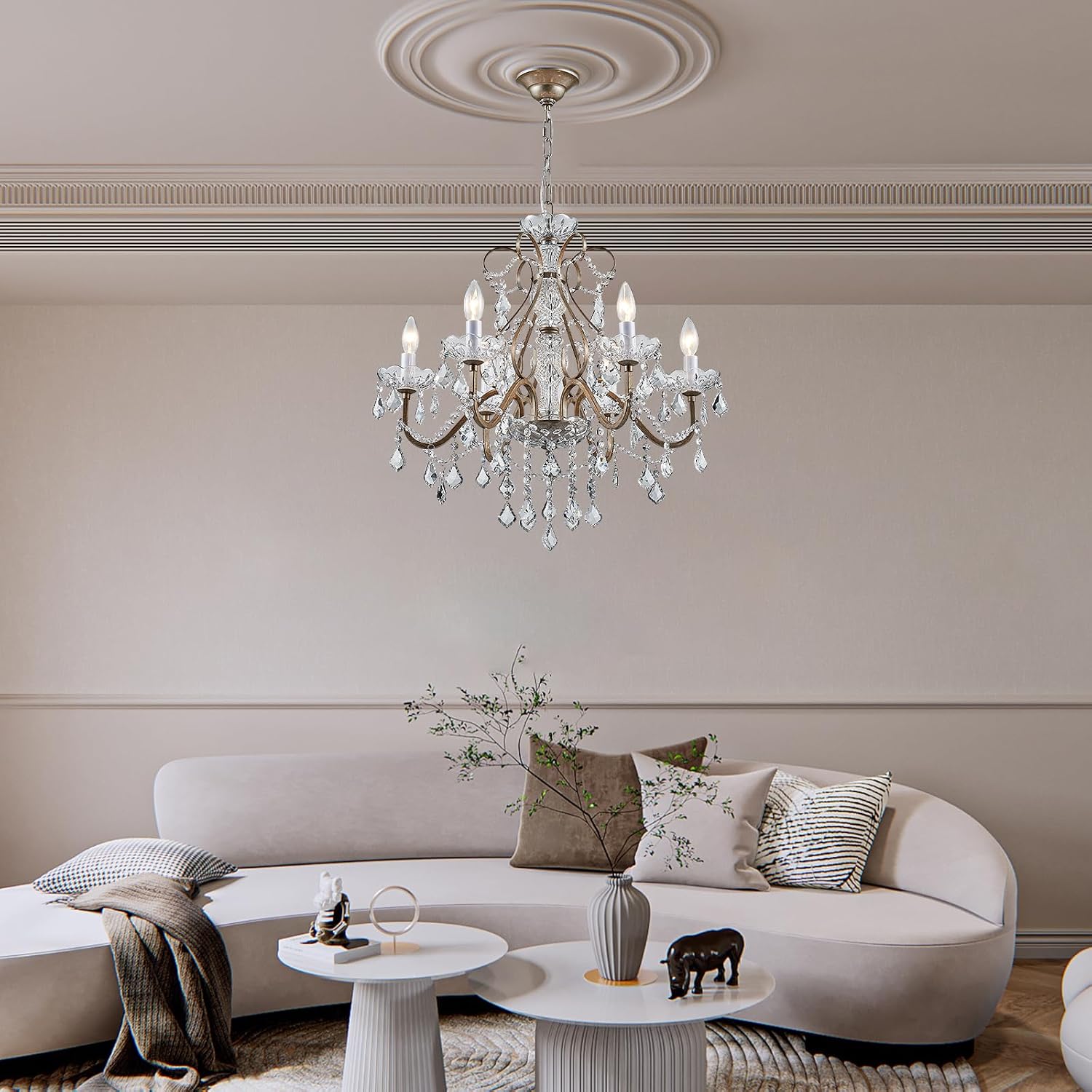 Bestier Antique Silver Vintage Candle Chandelier Crystal Lighting Fixture Lamp for Dining Room Bathroom Foyer Livingroom 6 E12 Bulbs Required D24 in x H26 in