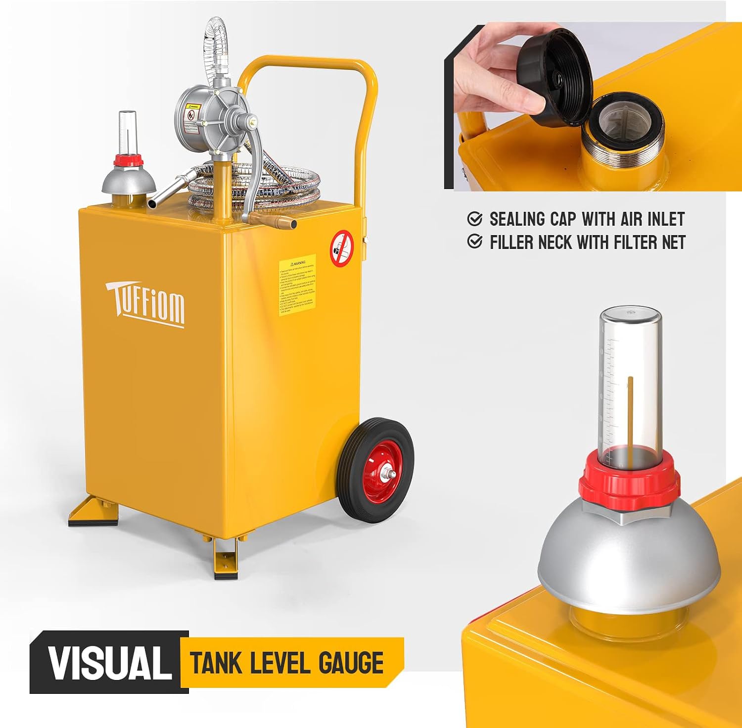 TUFFIOM 20 Gallon Fuel Gas Caddy w/Wheels & Manual Siphon Pump, Portable Diesel Fuel Transfer Storage Tank w/8.9ft Hose, Gasoline Can Container for ATV Car Mowers Tractor Boat Motorcycle