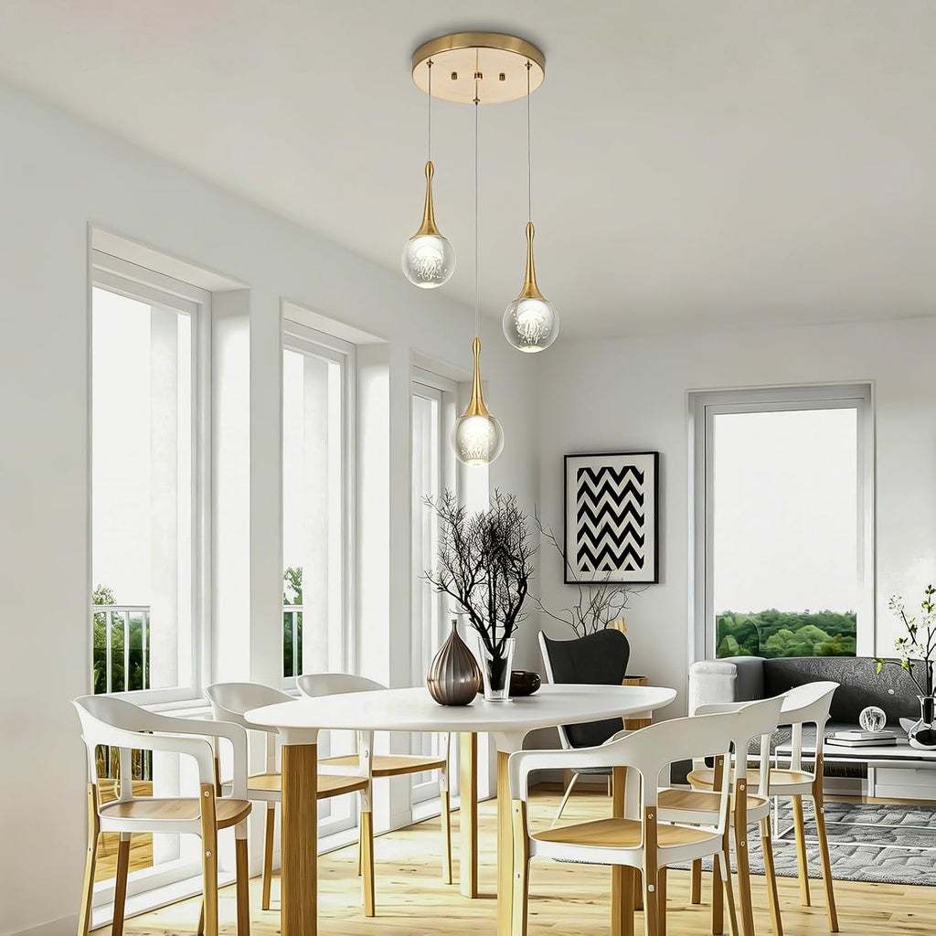 CHYING 3-Lights Pendant Lights Kitchen Island, Modern LED Dimmable Globe Crystal Jellyfish Teardrop Ceiling Pendant Lighting for Dining Room Hallway Entryway Bedroom, Gold Warm White