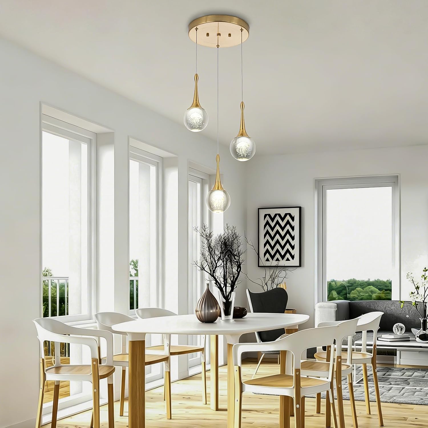 CHYING 3-Lights Pendant Lights Kitchen Island, Modern LED Dimmable Globe Crystal Jellyfish Teardrop Ceiling Pendant Lighting for Dining Room Hallway Entryway Bedroom, Gold Warm White