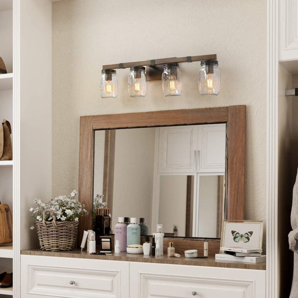 LNC Rustic Bathroom Light Fixtures Farmhouse Vanity Lighting with Mason Jar Glass, Wooden Finished, 29 inches, Brown, 4-Light , White