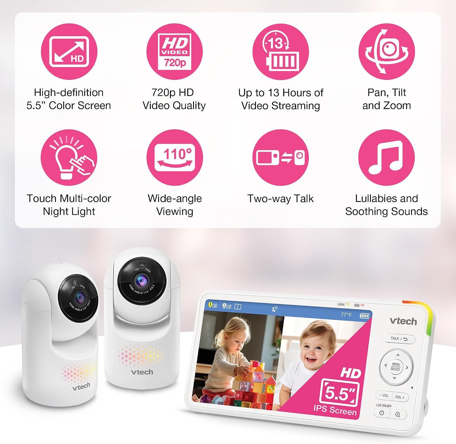 VTech Baby Monitor with 2 Cameras No WiFi & 5.5' IPS Split Screen, Remote Pan Tilt Zoom – 13Hr Video Battery, 1000ft Range, Night Vision, Night Light, Two-Way Talk | Advanced HD Plus Twin