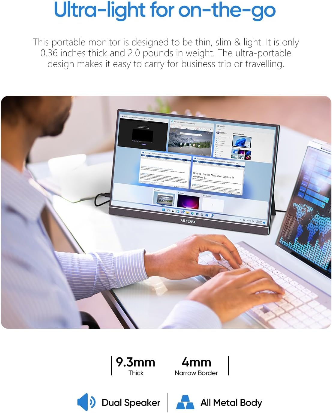 ARZOPA Portable Monitor & Sleeve, 17.3'' 1080P FHD Laptop Monitor &PU Sleeve Bag Combination