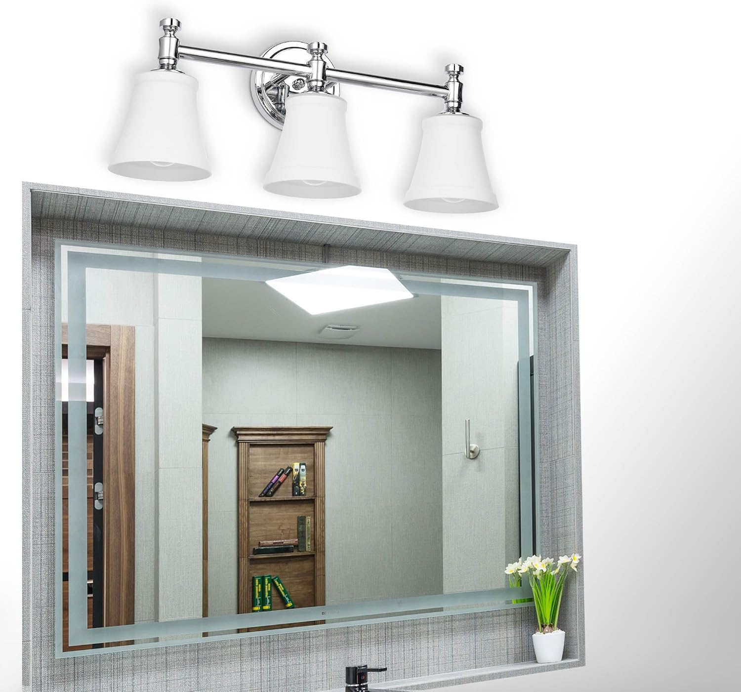 Bathroom Vanity Light Fixtures, Traditional Chrome 3 Lights Wall Sconce Lighting with Opal Glass Shade, Porch Wall Mount Light Fixture for Bathroom, Mirror Cabinets Hallway Stairs