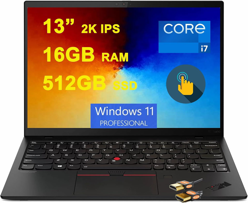 Lenovo ThinkPad X1 Nano Business Laptop 13' 2K IPS Touch 100% sRGB 450nits Intel 4-Core i7-1180G7 16GB RAM 512GB SSD Fingerprint Backlit Thunderbolt4 3-yr Warranty Win11Pro Black + HDMI Cable