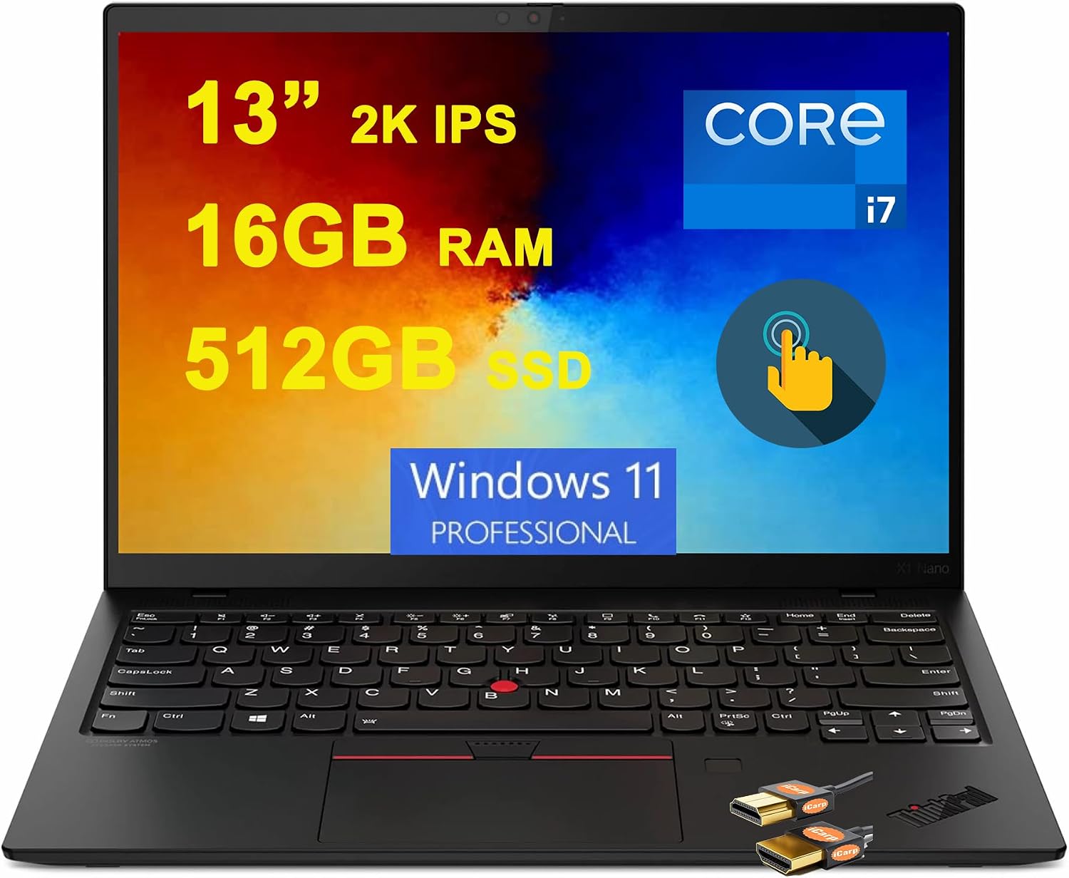 Lenovo ThinkPad X1 Nano Business Laptop 13' 2K IPS Touch 100% sRGB 450nits Intel 4-Core i7-1180G7 16GB RAM 512GB SSD Fingerprint Backlit Thunderbolt4 3-yr Warranty Win11Pro Black + HDMI Cable