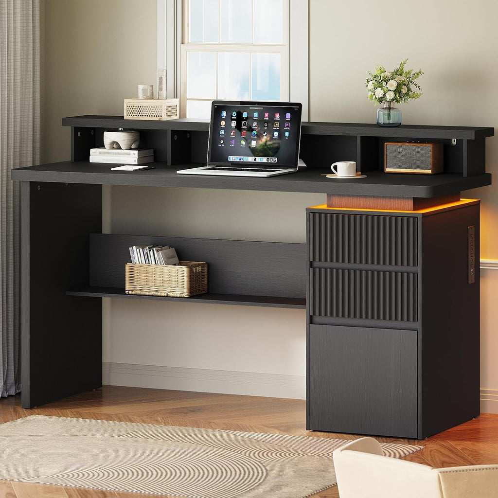 RALGEND 59' Executive Desk with Drawer, Fluted Computer Desk with File Drawer & Monitor Stand, Home Office Desk with Power Outlet, LED Light, Modern Fluted Computer Writing Desk with Storage, Black