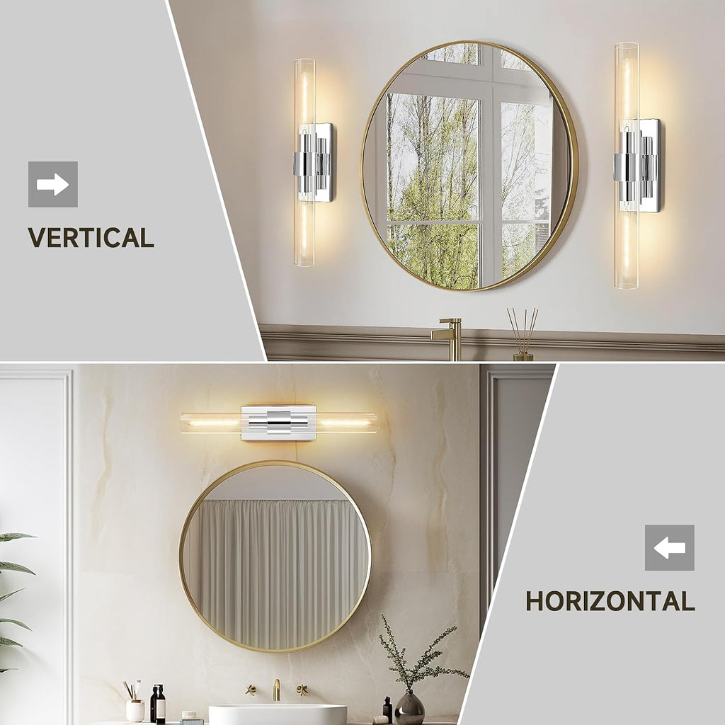 Wall Sconces Set of 2, 22.8' Chrome Bathroom Sconces, Indoor Sconces Lighting with Glass, Nickel Vanity Lights with Tube, Dimmable Bedroom Bedside Wall Light for Dressing Table Staircase